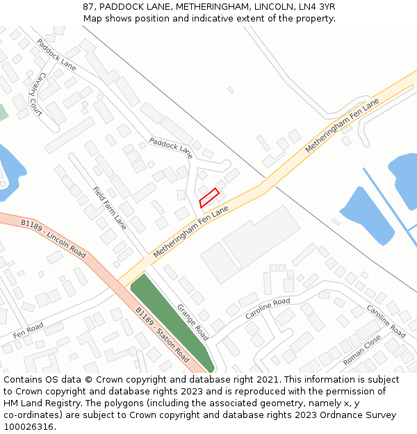 87, PADDOCK LANE, METHERINGHAM, LINCOLN, LN4 3YR: Location map and indicative extent of plot