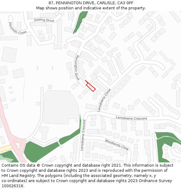 87, PENNINGTON DRIVE, CARLISLE, CA3 0PF: Location map and indicative extent of plot