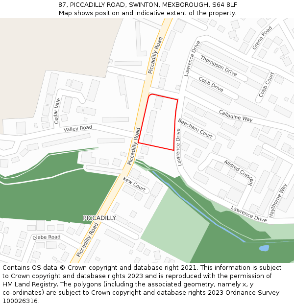 87, PICCADILLY ROAD, SWINTON, MEXBOROUGH, S64 8LF: Location map and indicative extent of plot