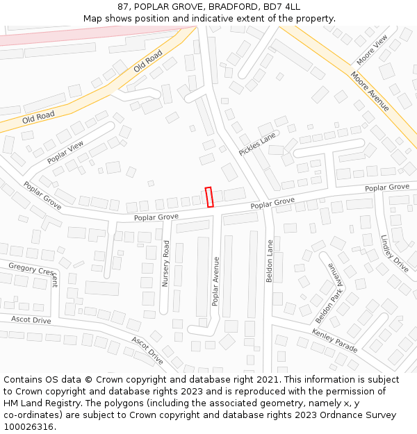 87, POPLAR GROVE, BRADFORD, BD7 4LL: Location map and indicative extent of plot