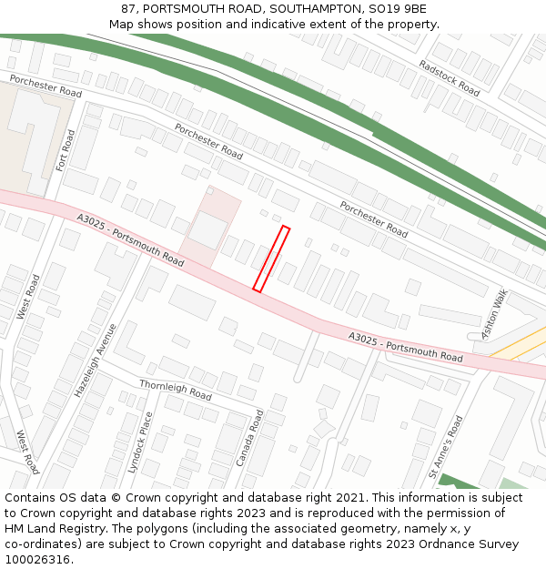 87, PORTSMOUTH ROAD, SOUTHAMPTON, SO19 9BE: Location map and indicative extent of plot