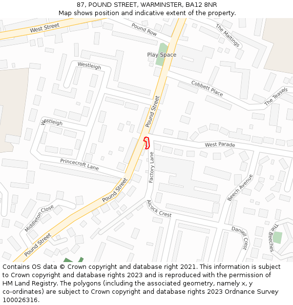87, POUND STREET, WARMINSTER, BA12 8NR: Location map and indicative extent of plot
