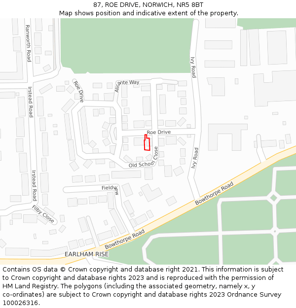 87, ROE DRIVE, NORWICH, NR5 8BT: Location map and indicative extent of plot