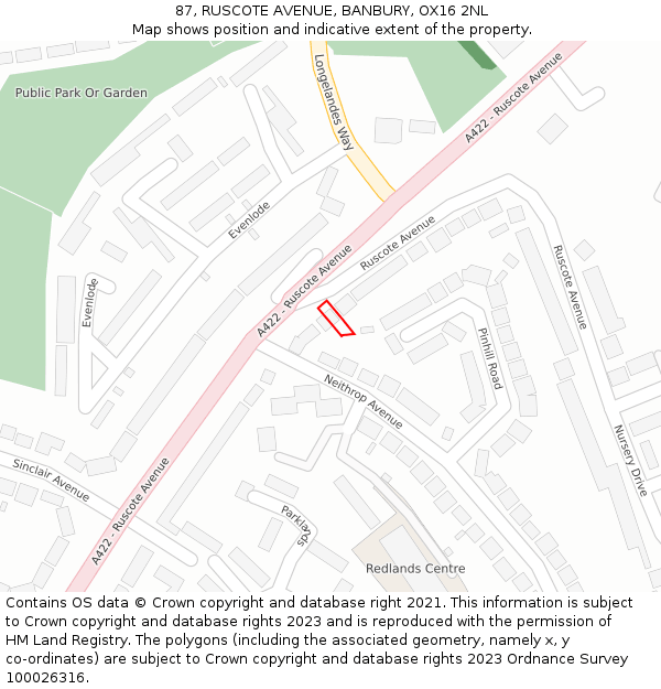 87, RUSCOTE AVENUE, BANBURY, OX16 2NL: Location map and indicative extent of plot
