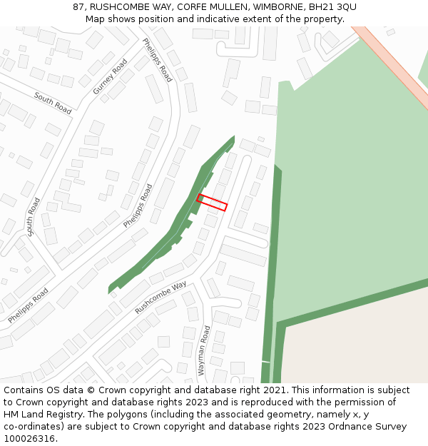 87, RUSHCOMBE WAY, CORFE MULLEN, WIMBORNE, BH21 3QU: Location map and indicative extent of plot