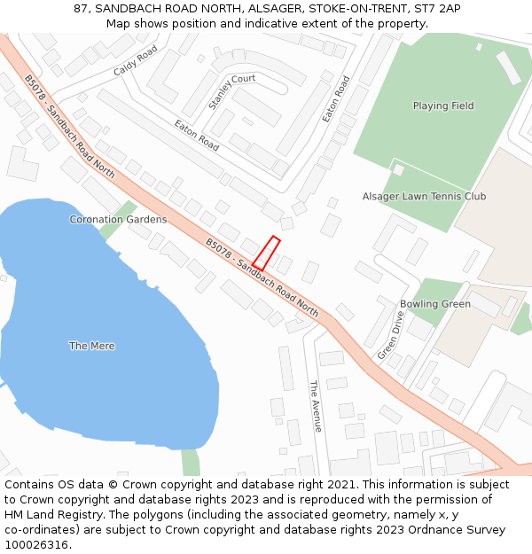 87, SANDBACH ROAD NORTH, ALSAGER, STOKE-ON-TRENT, ST7 2AP: Location map and indicative extent of plot