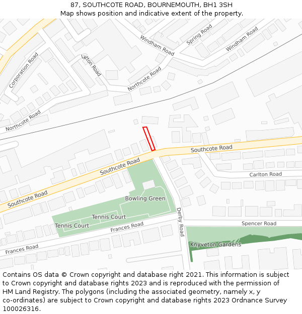 87, SOUTHCOTE ROAD, BOURNEMOUTH, BH1 3SH: Location map and indicative extent of plot