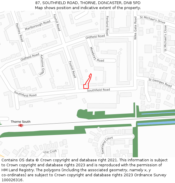 87, SOUTHFIELD ROAD, THORNE, DONCASTER, DN8 5PD: Location map and indicative extent of plot