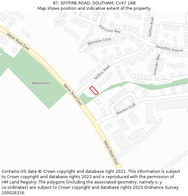 87, SPITFIRE ROAD, SOUTHAM, CV47 1AB: Location map and indicative extent of plot