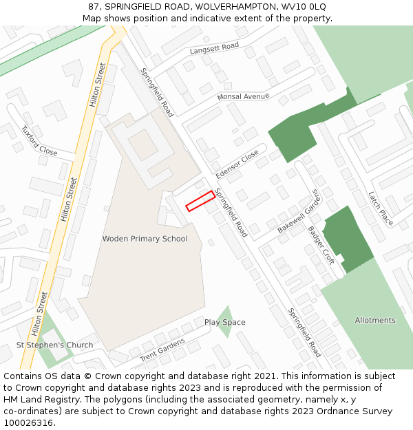 87, SPRINGFIELD ROAD, WOLVERHAMPTON, WV10 0LQ: Location map and indicative extent of plot