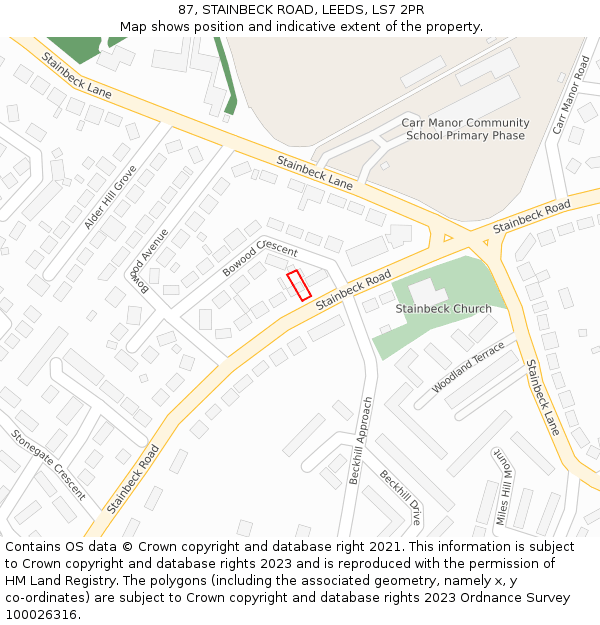 87, STAINBECK ROAD, LEEDS, LS7 2PR: Location map and indicative extent of plot