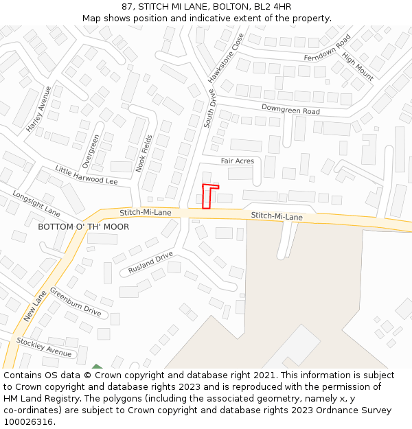 87, STITCH MI LANE, BOLTON, BL2 4HR: Location map and indicative extent of plot
