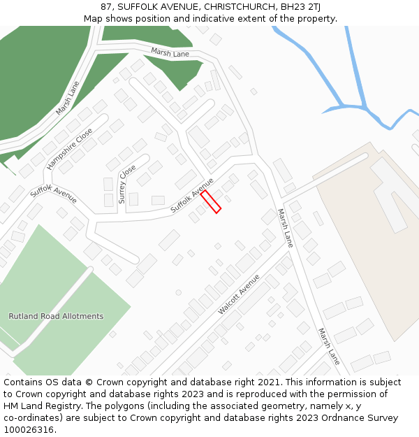87, SUFFOLK AVENUE, CHRISTCHURCH, BH23 2TJ: Location map and indicative extent of plot