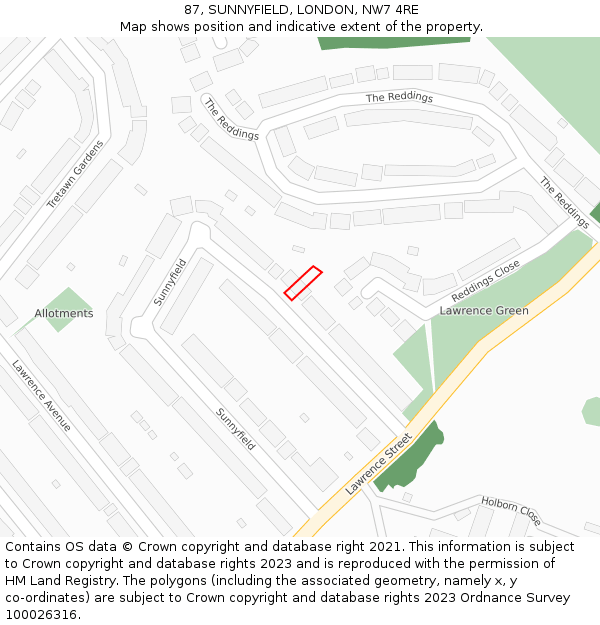 87, SUNNYFIELD, LONDON, NW7 4RE: Location map and indicative extent of plot