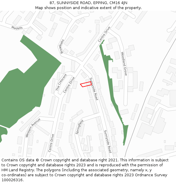 87, SUNNYSIDE ROAD, EPPING, CM16 4JN: Location map and indicative extent of plot