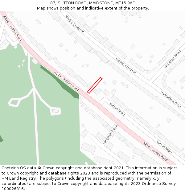 87, SUTTON ROAD, MAIDSTONE, ME15 9AD: Location map and indicative extent of plot