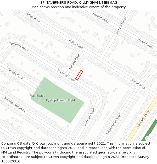 87, TAVERNERS ROAD, GILLINGHAM, ME8 9AG: Location map and indicative extent of plot