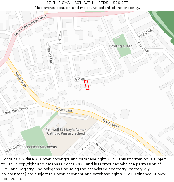 87, THE OVAL, ROTHWELL, LEEDS, LS26 0EE: Location map and indicative extent of plot