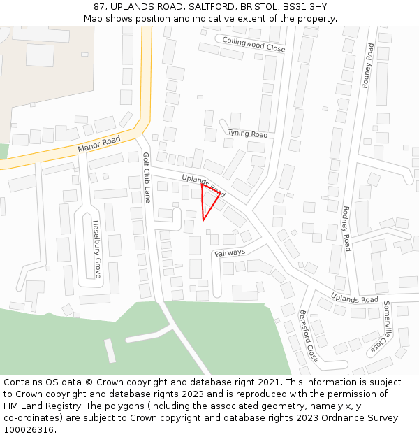 87, UPLANDS ROAD, SALTFORD, BRISTOL, BS31 3HY: Location map and indicative extent of plot