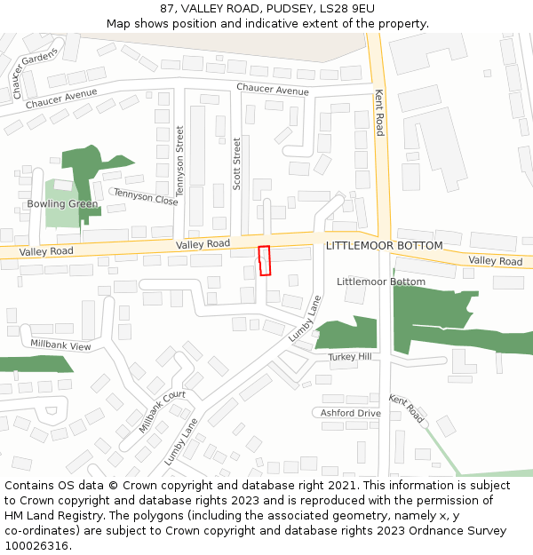 87, VALLEY ROAD, PUDSEY, LS28 9EU: Location map and indicative extent of plot