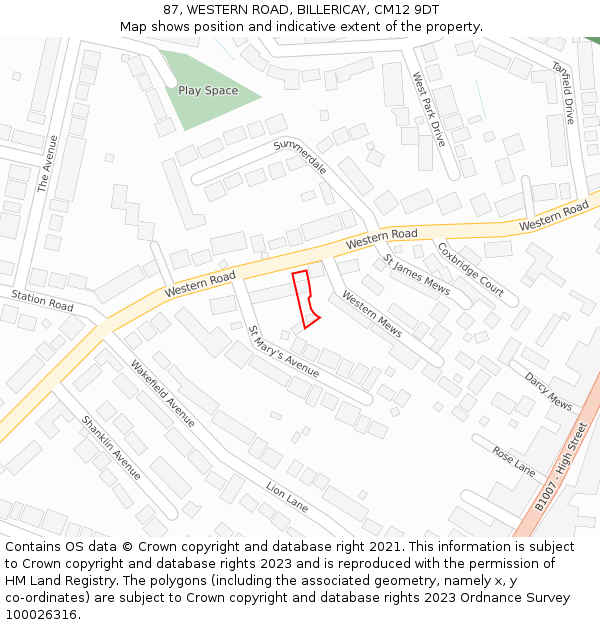 87, WESTERN ROAD, BILLERICAY, CM12 9DT: Location map and indicative extent of plot