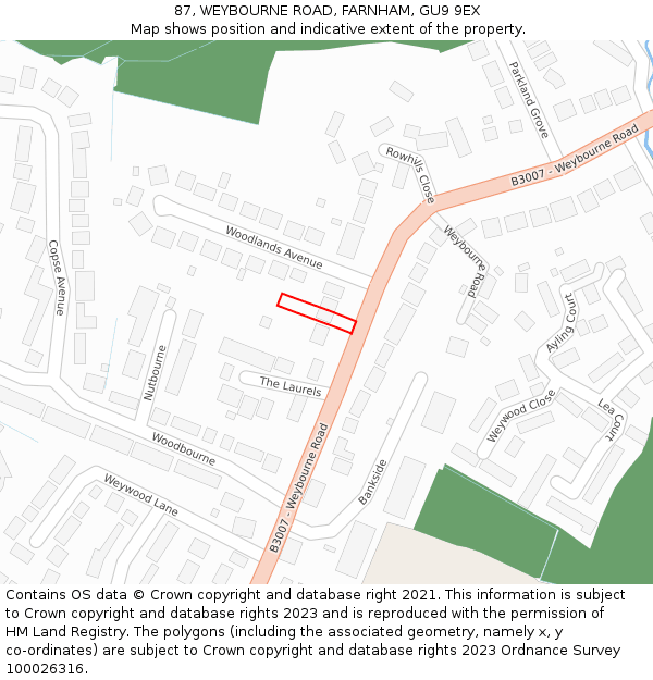 87, WEYBOURNE ROAD, FARNHAM, GU9 9EX: Location map and indicative extent of plot
