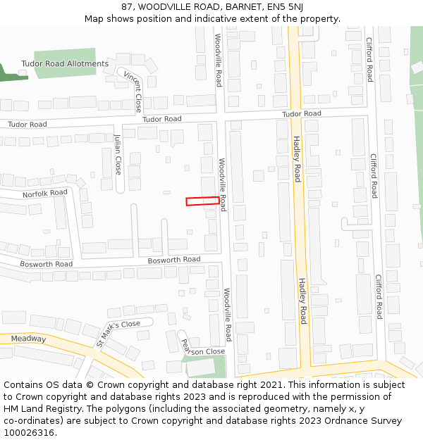 87, WOODVILLE ROAD, BARNET, EN5 5NJ: Location map and indicative extent of plot
