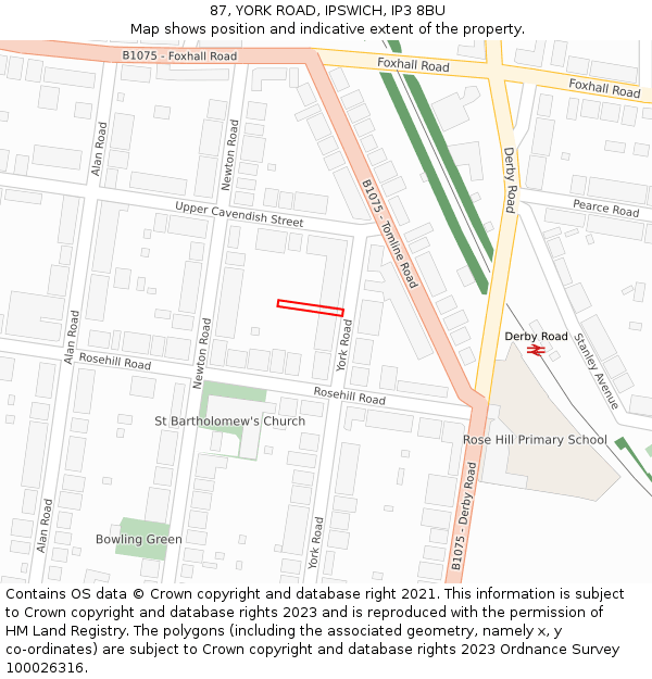 87, YORK ROAD, IPSWICH, IP3 8BU: Location map and indicative extent of plot