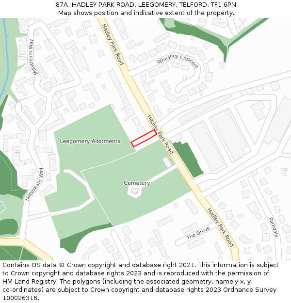 87A, HADLEY PARK ROAD, LEEGOMERY, TELFORD, TF1 6PN: Location map and indicative extent of plot