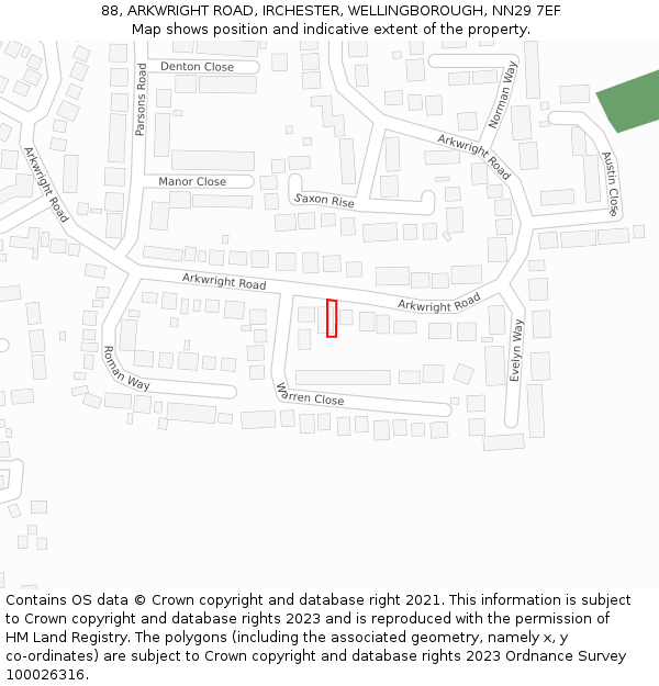 88, ARKWRIGHT ROAD, IRCHESTER, WELLINGBOROUGH, NN29 7EF: Location map and indicative extent of plot