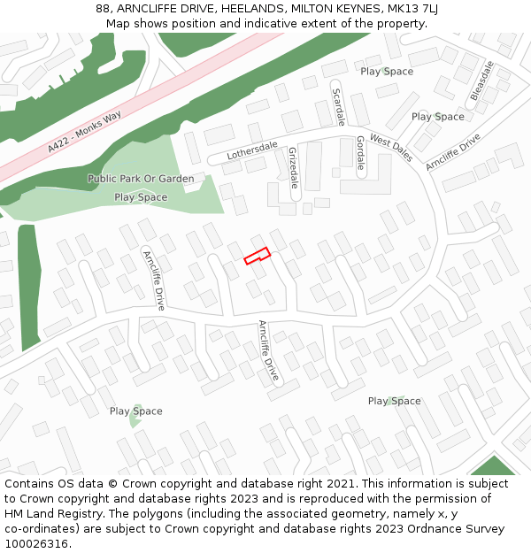 88, ARNCLIFFE DRIVE, HEELANDS, MILTON KEYNES, MK13 7LJ: Location map and indicative extent of plot