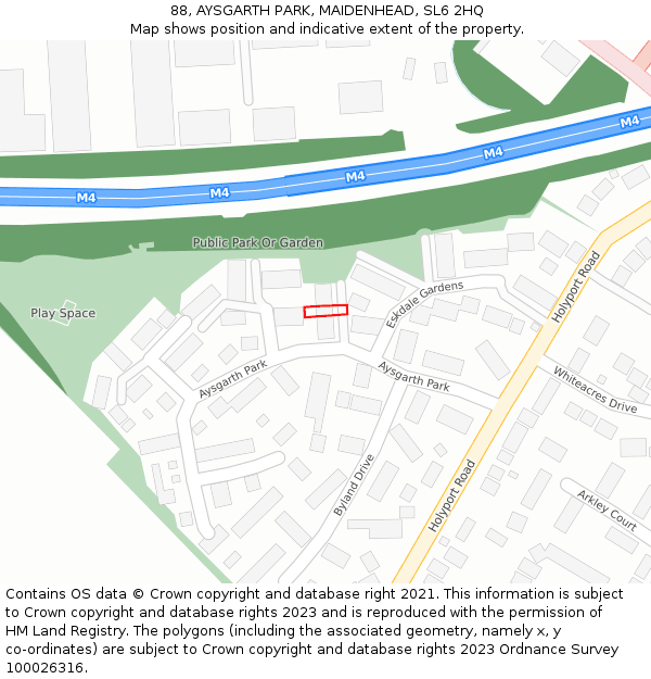 88, AYSGARTH PARK, MAIDENHEAD, SL6 2HQ: Location map and indicative extent of plot