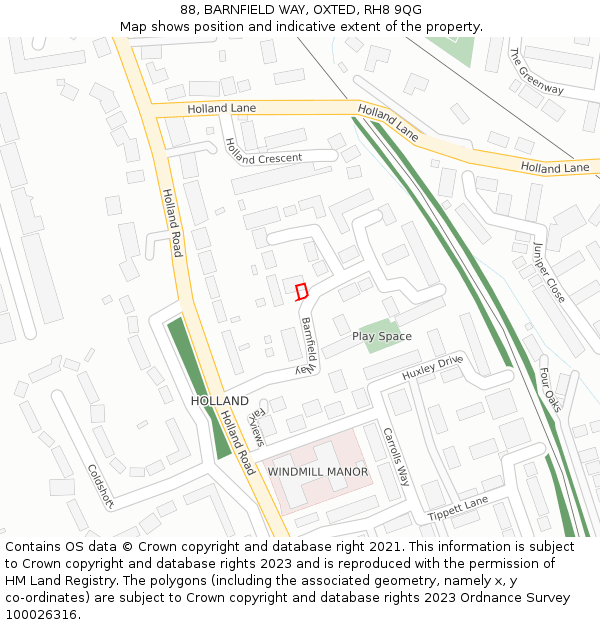 88, BARNFIELD WAY, OXTED, RH8 9QG: Location map and indicative extent of plot