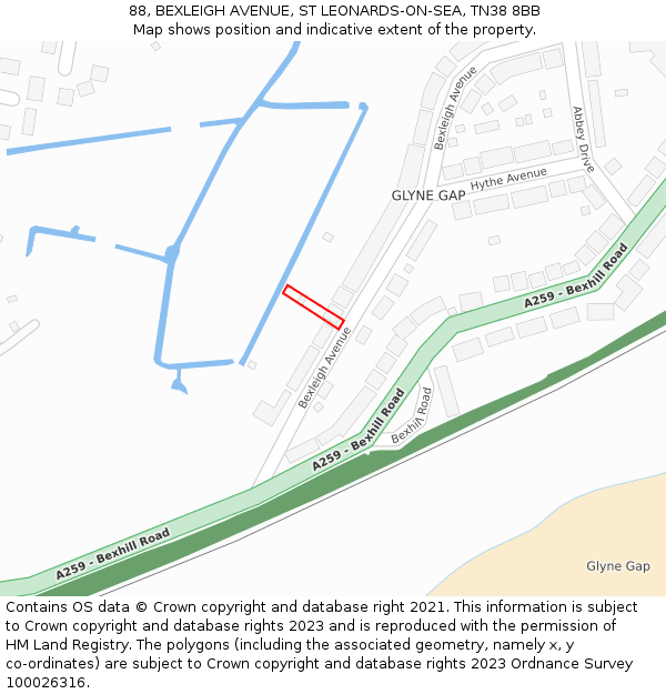 88, BEXLEIGH AVENUE, ST LEONARDS-ON-SEA, TN38 8BB: Location map and indicative extent of plot
