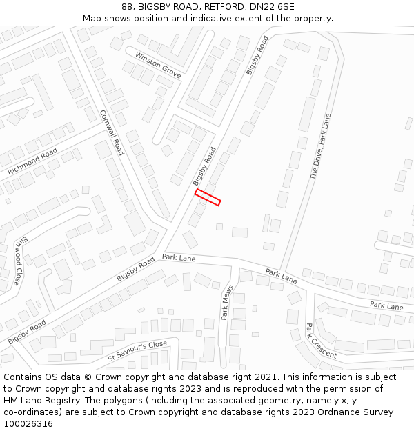 88, BIGSBY ROAD, RETFORD, DN22 6SE: Location map and indicative extent of plot