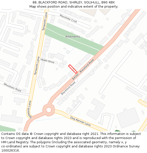 88, BLACKFORD ROAD, SHIRLEY, SOLIHULL, B90 4BX: Location map and indicative extent of plot