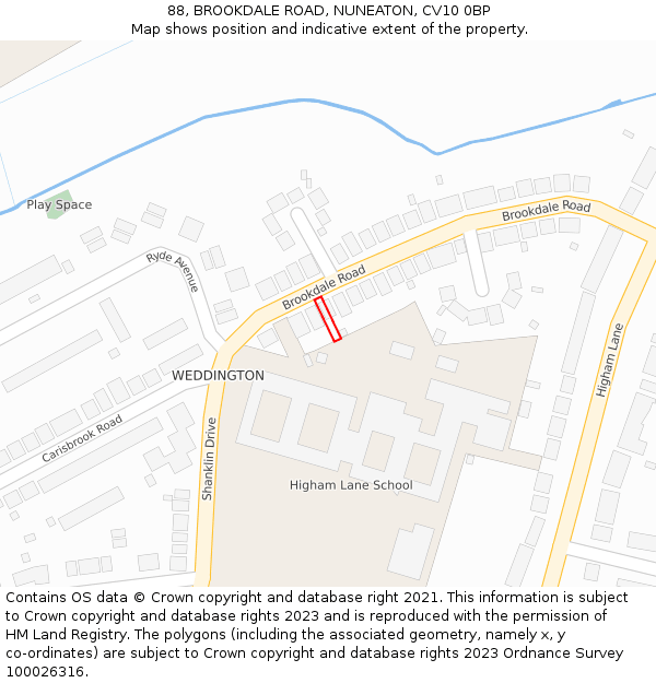 88, BROOKDALE ROAD, NUNEATON, CV10 0BP: Location map and indicative extent of plot