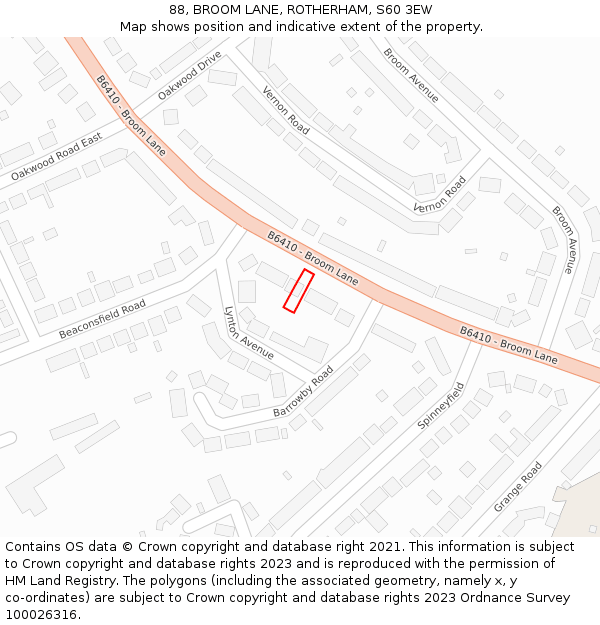88, BROOM LANE, ROTHERHAM, S60 3EW: Location map and indicative extent of plot