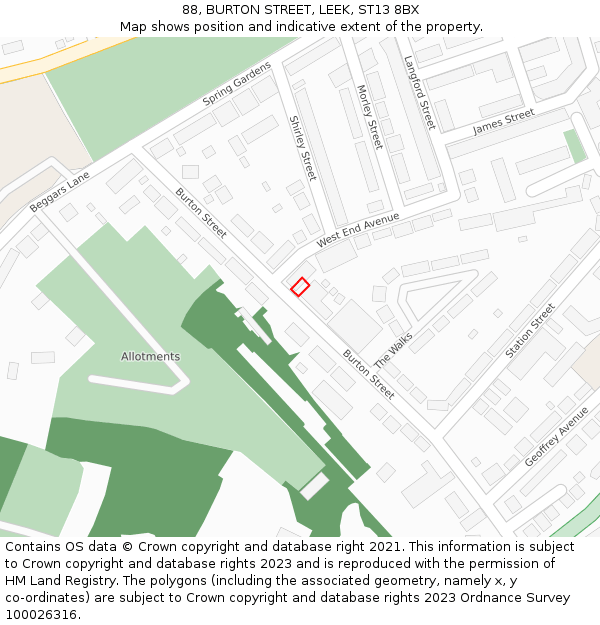 88, BURTON STREET, LEEK, ST13 8BX: Location map and indicative extent of plot