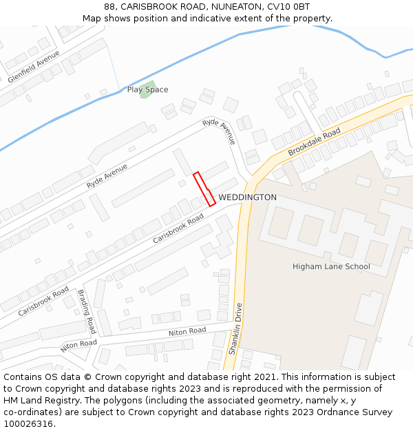 88, CARISBROOK ROAD, NUNEATON, CV10 0BT: Location map and indicative extent of plot