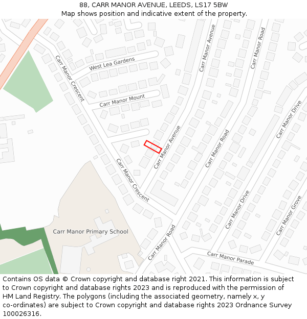 88, CARR MANOR AVENUE, LEEDS, LS17 5BW: Location map and indicative extent of plot
