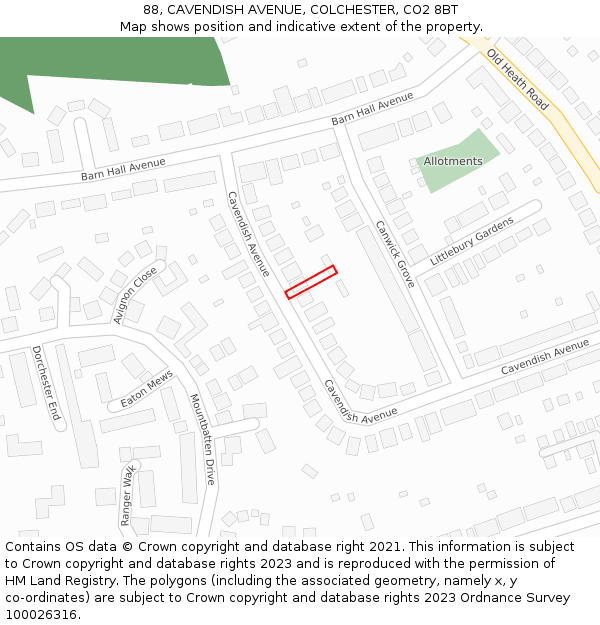 88, CAVENDISH AVENUE, COLCHESTER, CO2 8BT: Location map and indicative extent of plot