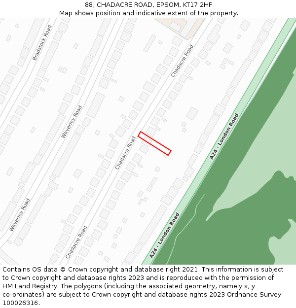 88, CHADACRE ROAD, EPSOM, KT17 2HF: Location map and indicative extent of plot