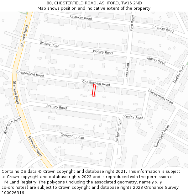 88, CHESTERFIELD ROAD, ASHFORD, TW15 2ND: Location map and indicative extent of plot