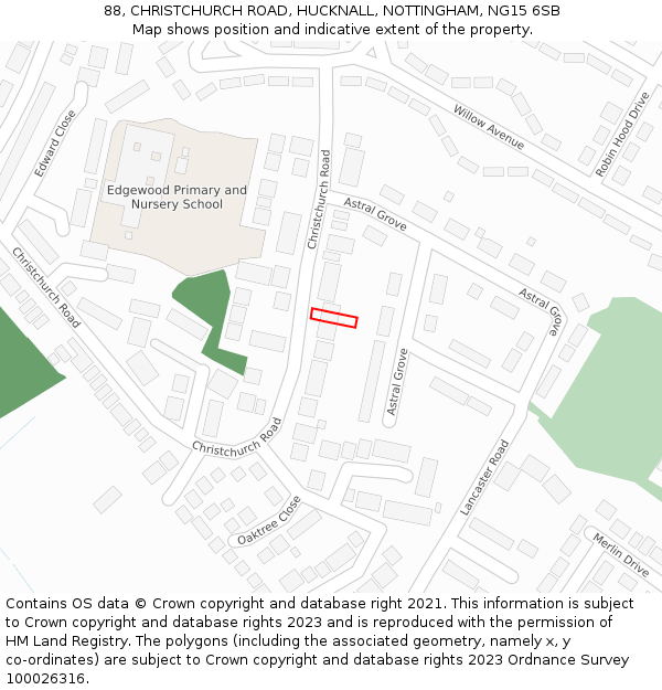 88, CHRISTCHURCH ROAD, HUCKNALL, NOTTINGHAM, NG15 6SB: Location map and indicative extent of plot