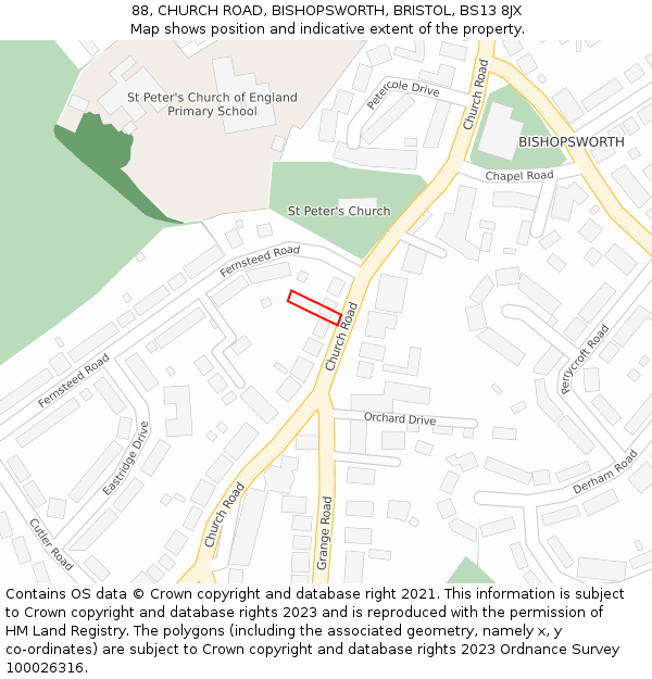 88, CHURCH ROAD, BISHOPSWORTH, BRISTOL, BS13 8JX: Location map and indicative extent of plot