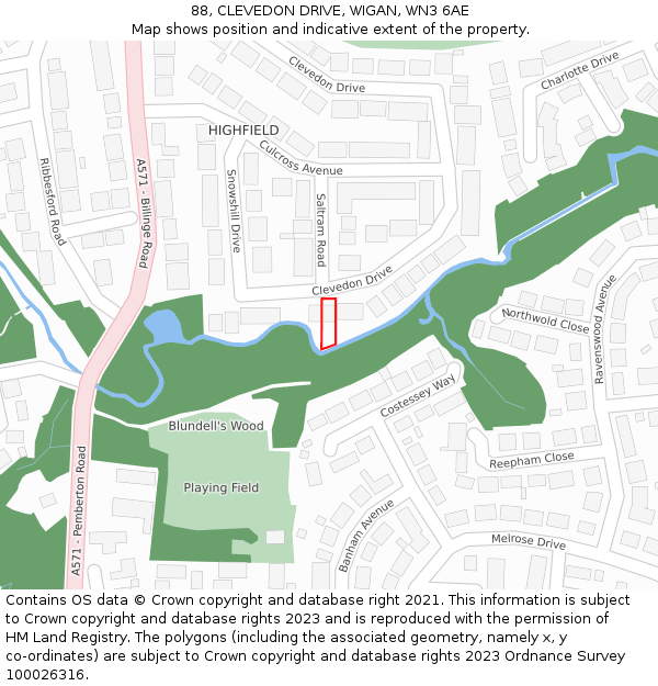 88, CLEVEDON DRIVE, WIGAN, WN3 6AE: Location map and indicative extent of plot