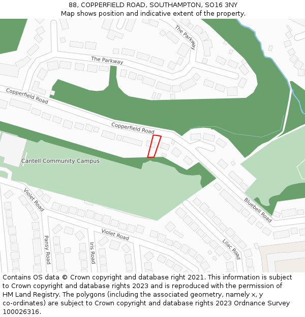 88, COPPERFIELD ROAD, SOUTHAMPTON, SO16 3NY: Location map and indicative extent of plot