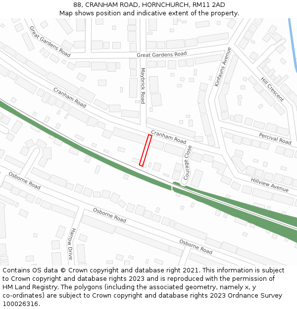 88, CRANHAM ROAD, HORNCHURCH, RM11 2AD: Location map and indicative extent of plot