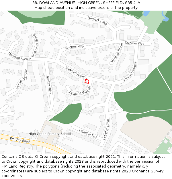 88, DOWLAND AVENUE, HIGH GREEN, SHEFFIELD, S35 4LA: Location map and indicative extent of plot